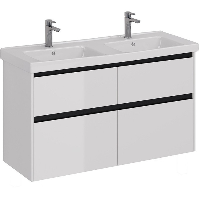 Тумба LEMARK COMBI 125 см под 2 раковины, подвесная/напольная, 4 ящика, планки-чёрный; корпус/фасад белый глянец